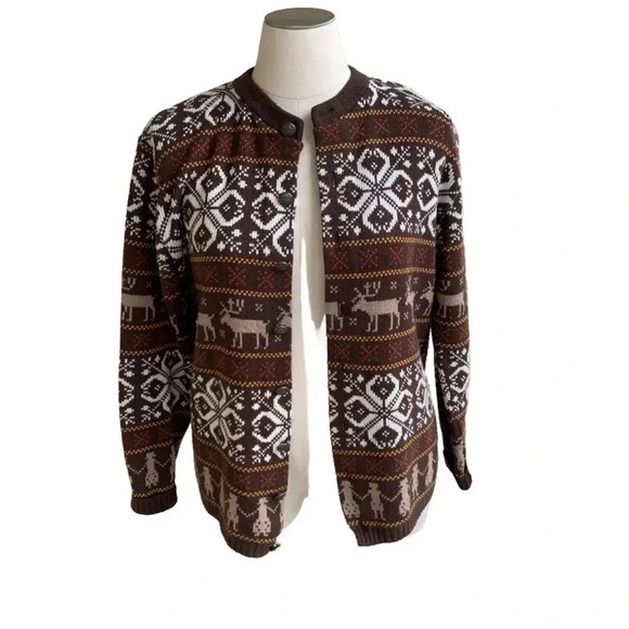 Vintage Jersild DuPont Orlon Men’s XL Cardigan Sweater Brown Nordic Moose 1950s - Picture 4 of 14
